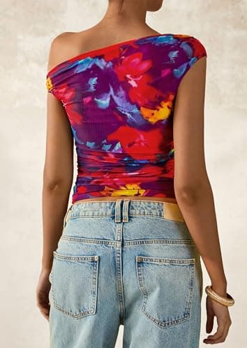 PRETTYGARDEN Women's Off Shoulder Tops 2026 Summer Going Out Crop Tank Tops Asymmetrical Floral Mesh Tight Y2K Shirts Clothes view 2