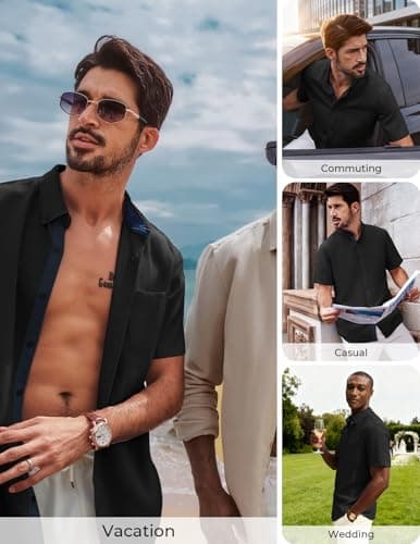 PJ PAUL JONES Mens Button Down Shirt Linen Short Sleeve Dress Shirts for Men Beach Summer Wedding Untucked Shirt view 2