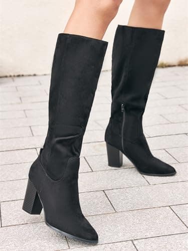 Coutgo Womens Faux Suede Knee High Boots Side Zipper Chunky Heel Winter Boots view 3