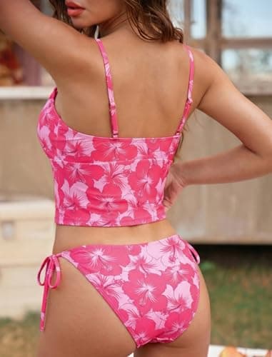 ZAFUL Womens Cute Tankini Bathing Suits Gingham Two Piece Floral Tankinis Sets Color Block Bow Swimsuits with Tie Side Bottom view 2