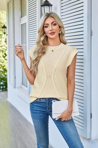 Arach&Cloz Womens Spring Sweater Vest 2025 Cap Sleeve Crew Neck Casual Tops Cable Knit Crochet Loose Fit Summer Outfits view 2