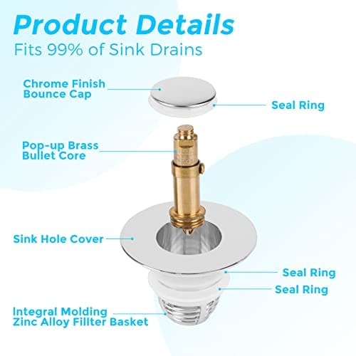 GOOSUO Universal Bathroom Sink Plug, Silver, Suitable for 1.25"-1.65" Sinks, Stainless Steel & Brass, Push Type, Anti-Clog Basket, Easy Install view 4