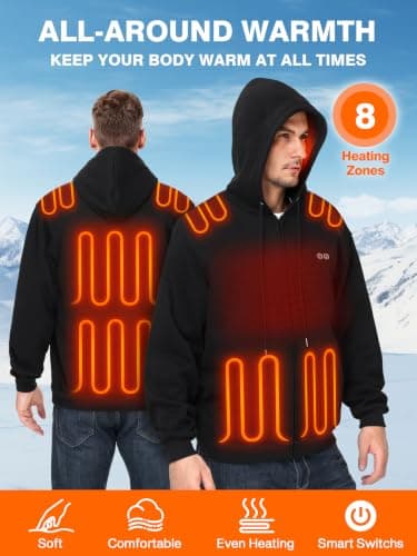 Heated Hoodie for Men Women, 10000mAh Battery Pack Zip Heated Sweatshirt | Heated Pullover Sweater, Fleece Lining, 8 Heating Zones, 3 Heating Levels, Upgraded Hood Heating for Winter Outdoor view 3