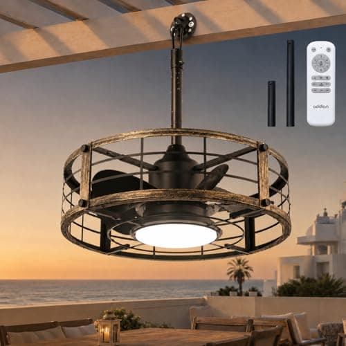 addlon 20" Outdoor Ceiling Fan with Light for Patio, IP65 Plug in Caged Fan — image 1