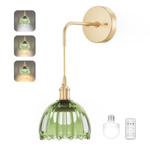 Kavedod Battery Operated Wall Sconce CCT Dimmable Wireless Sconcesm Vintage Light Fixture with Green Tulip Glass Lampshade Wall Decor Set for Living Room Bedroom Bedside Bathroom 1PC Green