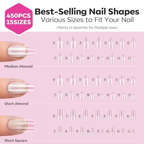 Modelones Medium & Short Almond & Short Square nail tips - Multi-type 3 Styles Set Gel Tips Half Matte Full Cover Clear Acrylic Gel Kit Fake Nails for Extension DIY Salon 450Pcs 15Sizes view 7