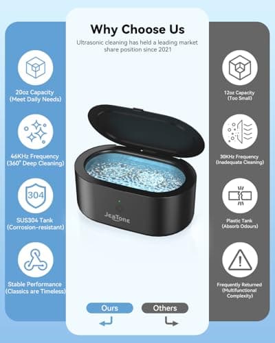 JeaTone Ultrasonic Jewelry Cleaner, 46KHz Sonic Jewelry Cleaner Machine for All Jewelry, Eyeglasses, Retainers, Dentures, Rings, Watches, Earrings & More, 304 Stainless Steel 20oz Cleaning Pod (Black) view 2