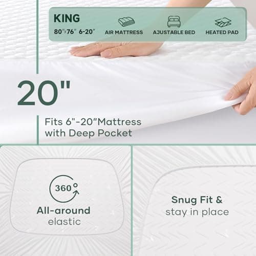OhGeni 100% Waterproof King Size Mattress Protector, Soft Mattress Pad, Fits 6"-20" Mattresses with Deep Pocket, Cooling, Breathable Fitted Sheets, Soft Bed Cover, Noiseless, Machine Washable view 5