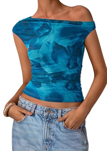 PRETTYGARDEN Women's Off Shoulder Tops 2026 Summer Going Out Crop Tank Tops Asymmetrical Floral Mesh Tight Y2K Shirts Clothes — image 1