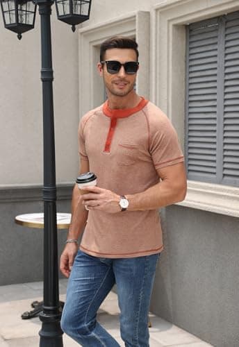 KUYIGO Mens Henley Short Sleeve T Shirt Casual Button Basic Tee Shirts Summer with Pocket view 5