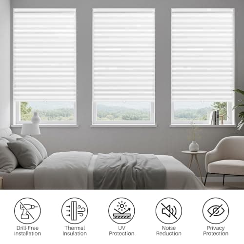 FIEKKRNR Cordless Cellular Shades, No Tools No Drill Blackout Honeycomb Shades Pleated Blinds for Windows Double Curved No-Pull Honeycomb Shade Semi-Blackout (White, 34" W x 48" H) view 2