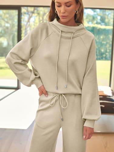 AUTOMET Womens Mock Neck 2 Piece Lounge Sweat Sets Matching Fall Fashion | Drawstring Sweatshirts,Wide Leg Sweatpants,Elastic Waistband,Side Pockets view 6