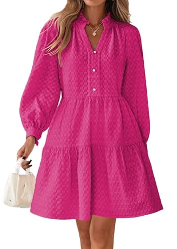 Lazysmile Dresses for Women Long Sleeve V Neck Button Down Ruffled Flowy Fall Casual Babydoll Tunic Dress — image 1