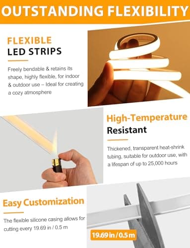 Lamomo COB LED Strip Lights 65.6Ft, Warm White Outdoor Led Rope Light, Waterproof Flexible Silicone Cuttable 3000K Neon Led Lights for Bedroom Garden Commerica Holiday Decor, CRI90+, AC 120V view 6