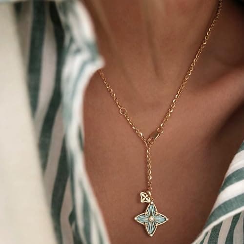 MYEARS Women Clover Necklace Pendant Lapis Lazuli/Mother of Pearl/Turquoise/Yellow Tiger's Eye Cubic Zirconia 14K Gold Simple Dainty Chain Everyday Trendy Lucky Jewelry view 3