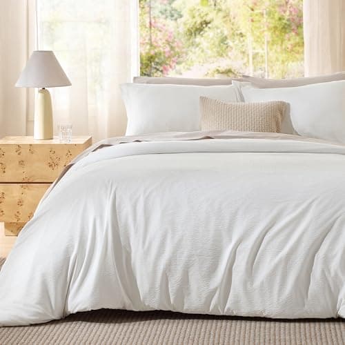 Bedsure Textured Duvet Cover Queen Size - Cotton-Like Polyester Jacquard Duvet Cover Set for All Seasons - 3 Pieces Soft Bedding Set with 2 Pillow Shams, NO Comforter (White, Queen, 90"x 90") view 1