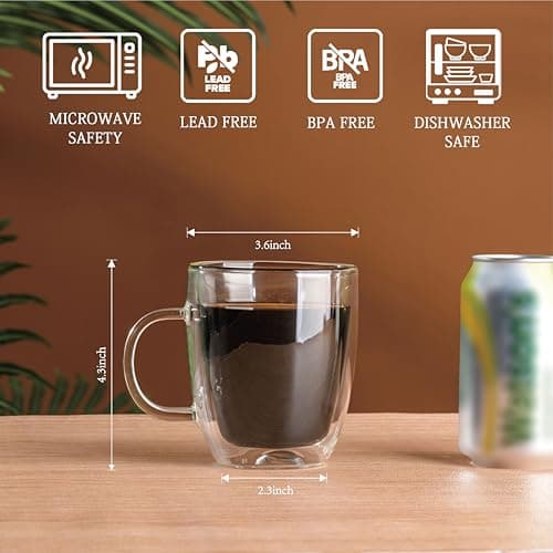 Wlasss Double Wall Insulated Glass Coffee Mugs set of 4-13 oz Clear Hand Blown Glass Coffee Cups with Handle for Cappuccino, Latte,Espresso,Tea Bags,Americano,Beverages, Gifts for Christmas view 3