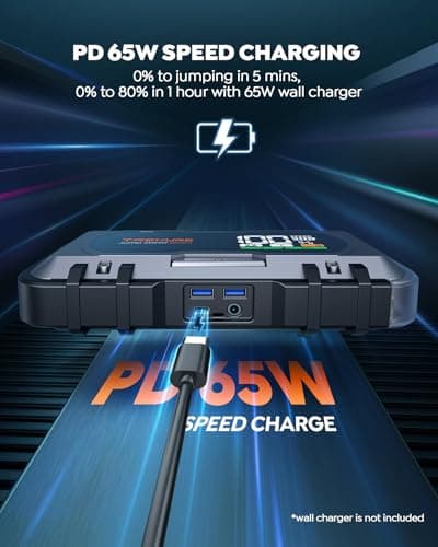 8000A Car Battery Jump Starter, Battery Jumper Starter Portable (All Gas/12L Diesel), 27000mAh 65W Charging Jump Box, Portable Car Jump Starter with 160W DC, 600LM Light, Extended Jumper Cables view 3