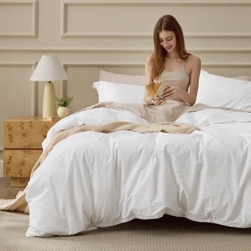 Bedsure 100% Washed Cotton Duvet Cover King Size - Natural White Minimalist Bedding Set Linen Like - PureWoven Plain Simple & Soft Comforter Cover for All Seasons (Natural White, King, 104"x90") view 1