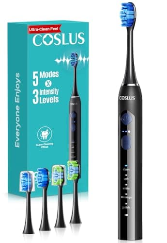 COSLUS C30 Electric Toothbrush for Adults: 3 Intensities & 5 Modes Customized for Effective Yet Gentle Ultra-Clean Feel, 2 Types of Heads for Gentle or Daily Care, Travel & Home Use, Black, 1PC view 1