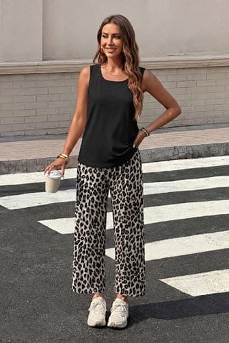 WIHOLL Two Piece Sets for Women Summer Spring Outfits Tank Square Neck Sleeveless Travel Vacation Lounge Wide Leg Pants Set view 3