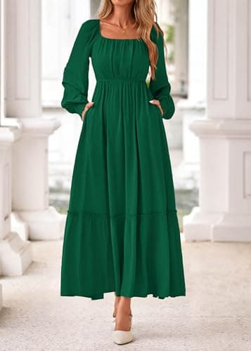 KIRUNDO Casual Fall Dresses for Women 2026 Flowy Long Sleeve Maxi Dress Smocked Empire Waist Square Neck Wedding Party view 4
