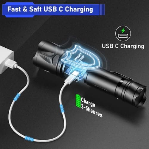 JAY-PARK High Lumen Flashlight - 100000 Lumens, Rechargeable 5000mAh with LCD Display, Zoomable Long Beam (3000m), IP67 Waterproof, 5 Modes & Belt Clip - for Camping, Dog Walking view 4