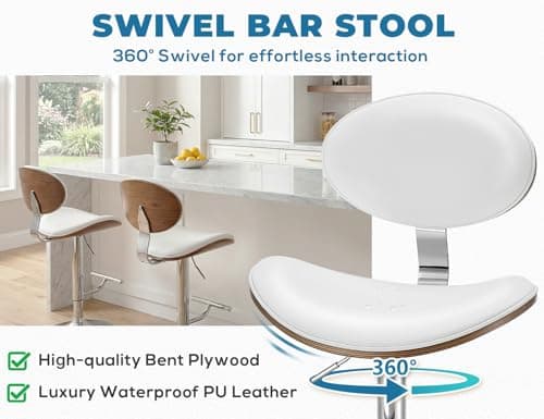 Mapleyard Adjustable Height Barstools Set of 2: Swivel Modern Kitchen Counter Bar Stools, Leather Upholstered Bar Chairs with Walnut Bent Plywood Backrest & Footrest for Island, Dining Room Pub, White view 4