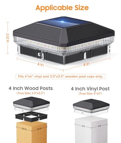 ENSLI 4x4 Solar Post Cap Lights Outdoor with 3 Modes, 6 Pack 40 LEDs Fence Post Solar Lights Outdoor Waterproof, 30 Lumens Fence Deck Post Lights Solar Powered for 4x4 3.5x3.5 Vinyl Wooden Post view 2