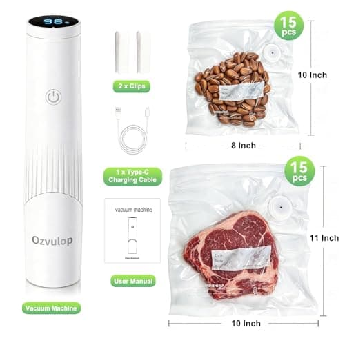 Ozvulop Smart Vacuum Sealer for Food with LED Display (Vacuum Sealer Machine + 30 Reusable Bags), 80kPa Strong Suction Handheld Vacuum Sealer Machine Portable Seal Meal Saver for Meal Prep(White) view 3