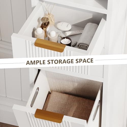 iPormis 67" Tall Bathroom Storage Cabinet with Reeded Glass Door, 1 Drawer, Removable Laundry Basket & Adjustable Shelf, Freestanding Narrow Cabinet for Bathroom, Living Room, Small Spaces, White view 5
