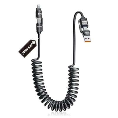 KEDESO Retractable 4-in-1 Car Charging Cable, PD 240W Fast Charging Coiled USB Cord for CarPlay & Android Auto, Compatible with iPhone 16 15 14 13, Samsung S24, Pixel - Tangle-Free & Heat Resistant