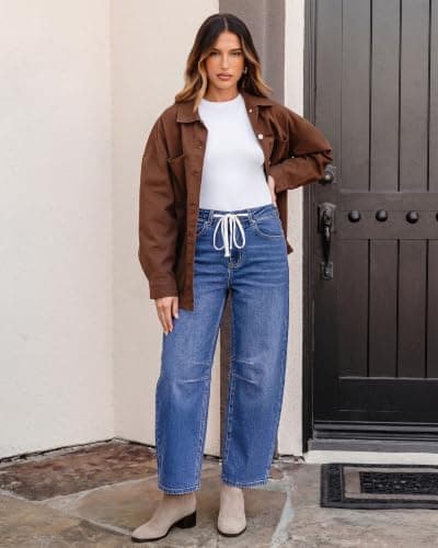 luvamia Barrel Jeans Women Trendy Baggy High Waisted Drawstring Denim Pants | Barrel Wide Leg Pants, 27.5" Inseam, Baggy Jeans, Stretchy, Ankle Length, Drawstring Adjustable Waist, Casual Denim Outfits view 6