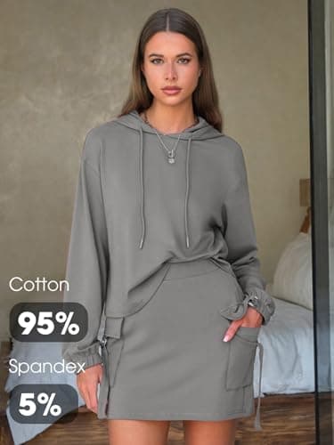 EXLURA Women Two Piece Set Cotton Sweatsuit Travel Airport Outfits 2026 Tracksuit Hooded Sweatshirt Cargo Skort Skirt Pockets view 4