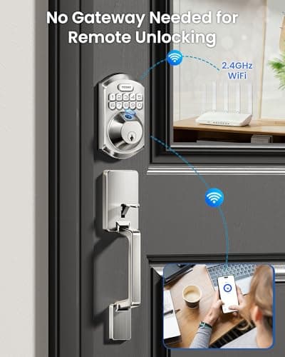 TEEHO TE012W-H WiFi Keypad Door Lock with Handle Set, Fingerprint Smart Locks, Front Door Keyless Entry, APP Remote & Voice Control, Digital Deadbolt with 2 Keys, Auto-Lock, Easy Install, Satin Nickel view 3