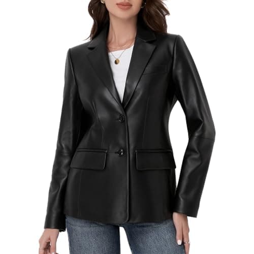SILVER FASHIONS Lambskin Leather Jacket Women,Long Sleeve Button Front Leather Blazer,Notched Lapel Casual Style,Vent Detail (Large,Black)