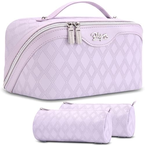 BOYATU Travel Makeup Bag for Women: Large Capacity 3-Piece Quilted Cosmetic & Toiletry Organizer - 2 Detachable Pouches Expand Storage by 50%, Open Flat for Easy Packing, Waterproof PU Leather(Purple)