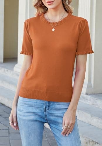 Women Puff Short Sleeve Sweater Tops Ruffle Crewneck Knit Pullover Work Blouses Dressy Casual Top Shirt Spring Summer view 3