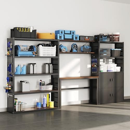 FLEXIMOUNTS Garage Storage Cabinet System, 3-in-1 Modular Metal Tool Cabinet w/ Workbench and Particle Board Shelf Includes Pegboard, 24-Gauge Steel, 129"(L) w/ 2 Doors, Black, FLEXIMOD Series view 1
