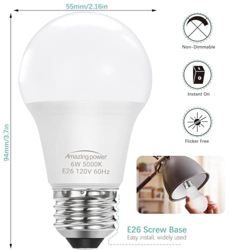 Amazing power E26 LED Bulb, 40W Equivalent Medium Base Light Bulb, Non-Dimmable, Daylight White 5000K, 6W Bright White LED Bulbs for Home Lighting Lamp, 4-Pack view 4