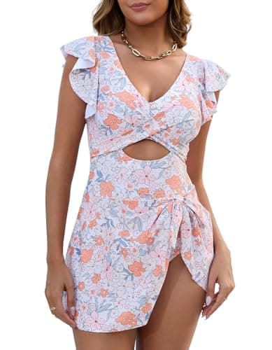 MFAVIP Women One Piece Swim Dress Tummy Control Swimsuits V Neck Ruffle Bathing Suit Cutout Sexy Wrap Side Tie with Skirt — image 1