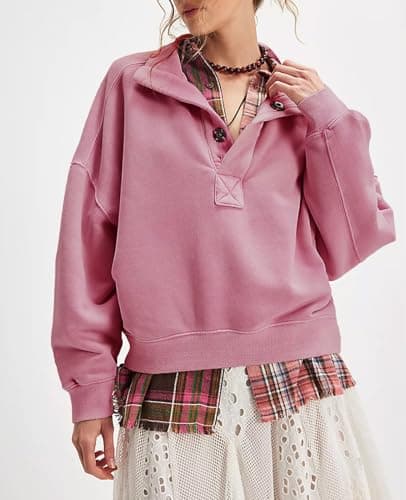 Gnveub Sweatshirt for Women Oversized Henley Neck Long Sleeve Button Pullover Tops Trendy Outfits Clothes view 5