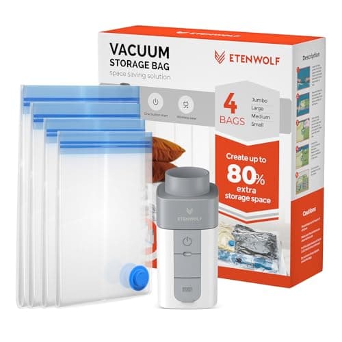 ETENWOLF 4 Pack Vacuum Storage Bags with Rechargeable Wireless Pump, Vacuum Seal Bags for Clothes and Travel, Space Saver Bags in Multiple Carry-On Sizes, Perfect for Luggage and Suitcases view 1