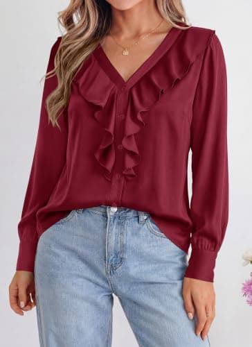 dowerme Womens Long Sleeve Tops Satin Ruffle Button Shirts view 6