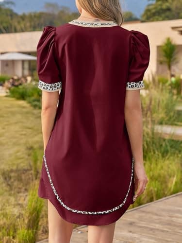 Wenrine Womens Puff Short Sleeve Mini Dress Casual V Neck Color Block Leopard Loose Beach Summer Dresses with Pockets view 4