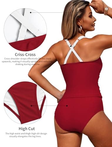 ZAFUL Women's Tankini Swimsuits Tummy Control Swimwear Two Piece Bathing Suits Swim Top with High Waisted Bottom view 6