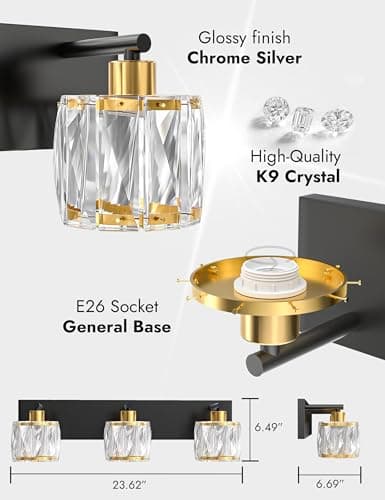VOLISUN 3-Light Crystal Bathroom Vanity Light Fixtures, Black and Gold view 2