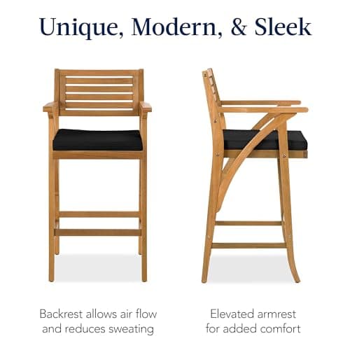 Best Choice Products Set of 2 Outdoor Acacia Wood Bar Stools Bar Chairs for Patio, Pool, Garden w/Weather-Resistant Cushions - Black view 4