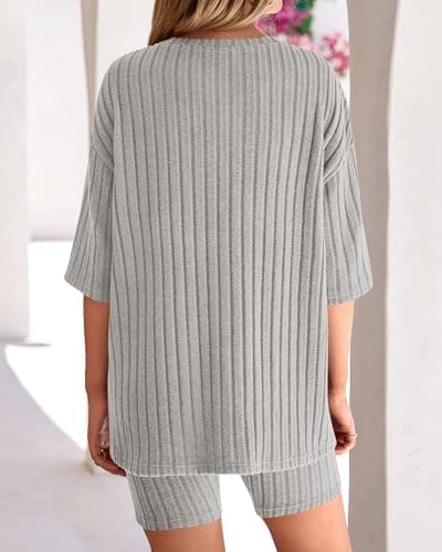 KIRUNDO Short Sets For Women Summer 2 Piece Matching Lounge Sets Casual Rib Knit Tshirts Biker Shorts Beach Vacation Outfits view 4