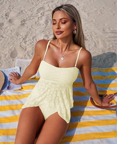 ZAFUL Tankini Swimsuits for Women Flowy Swimwear Mesh Lace Jacquard Two Piece Bathing Suit High Cut Tanga Tankini Set view 2